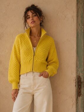 Maeve Anthropologie Yellow Textured Zip-Up Cardigan